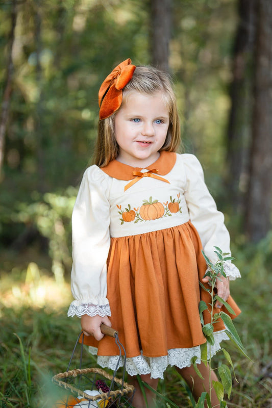 Extras (2025 Thanksgiving) Long Sleeve Pumpkin Embroidered Dress