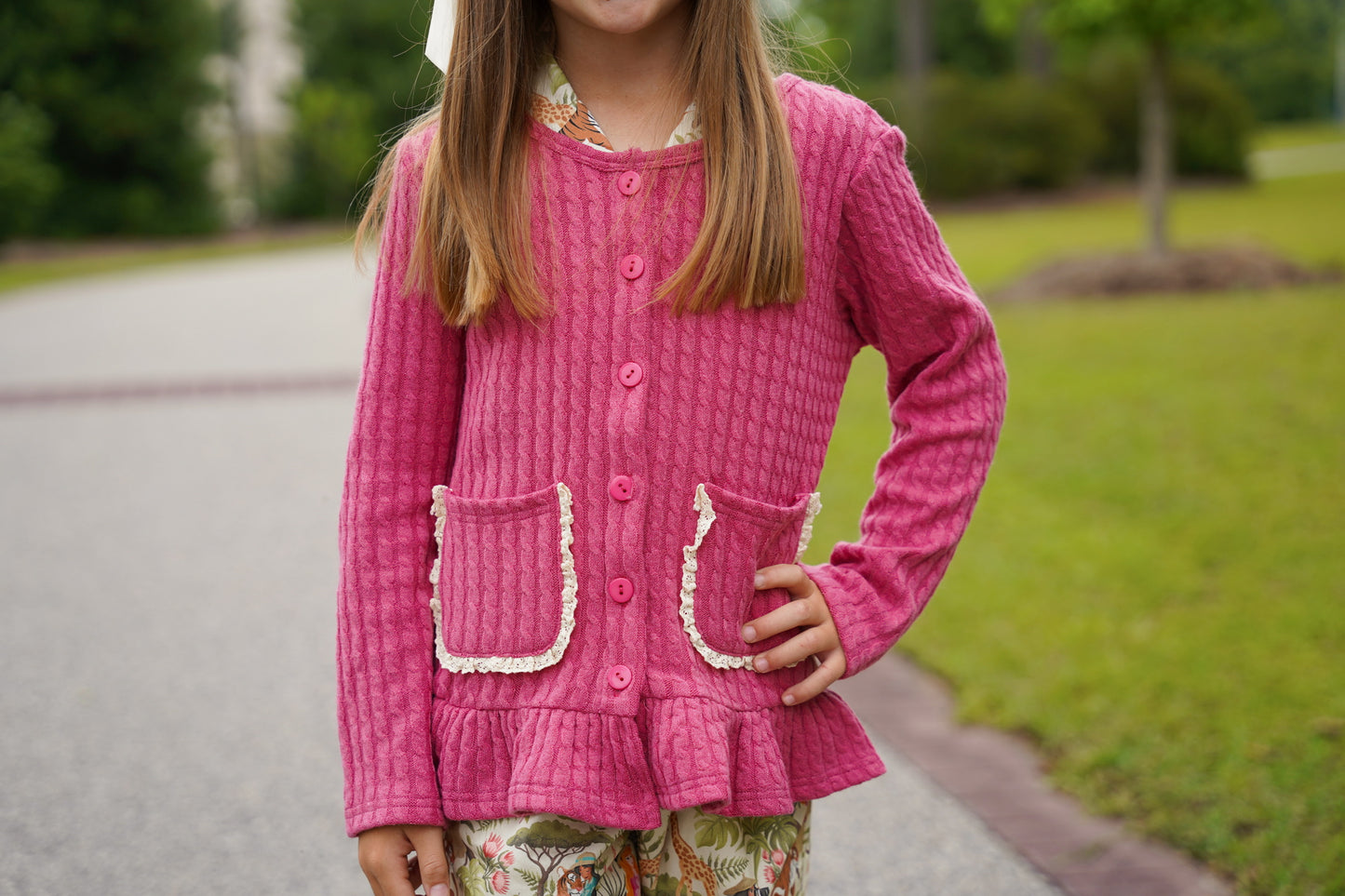 EXTRAS(2026 Cardigans) Pink Pocket Cardigan