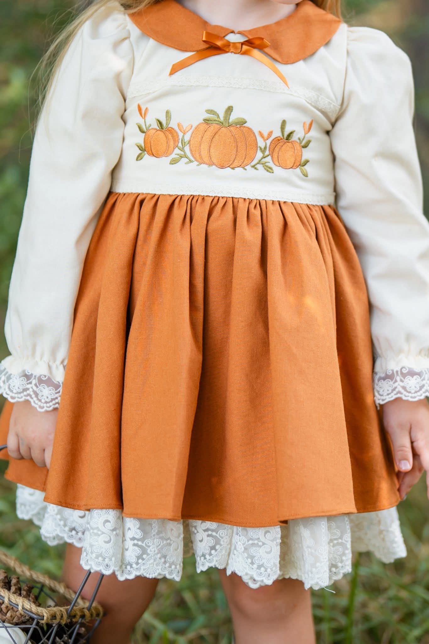 Extras (2025 Thanksgiving) Long Sleeve Pumpkin Embroidered Dress
